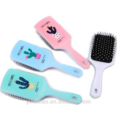 Stock Cartoon Cactus Printing Head Massage Rubber Air Cushion Custom Plastic Hair Brush with Low MOQ