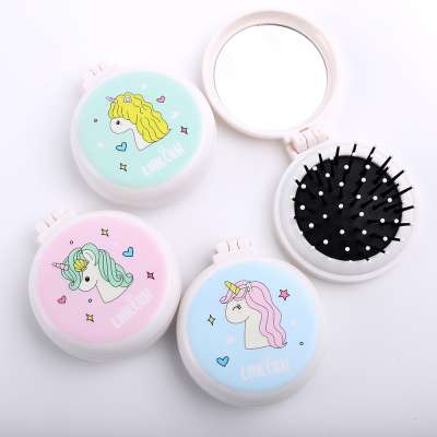 Folding round plastic pocket hair brush comb with mirror pop up hair brush