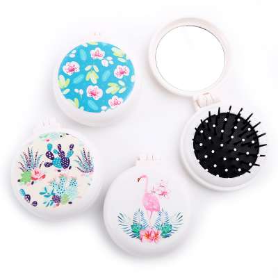 Free Shipping Folding round plastic pocket hair brush comb with mirror pop up hair brush in Stock